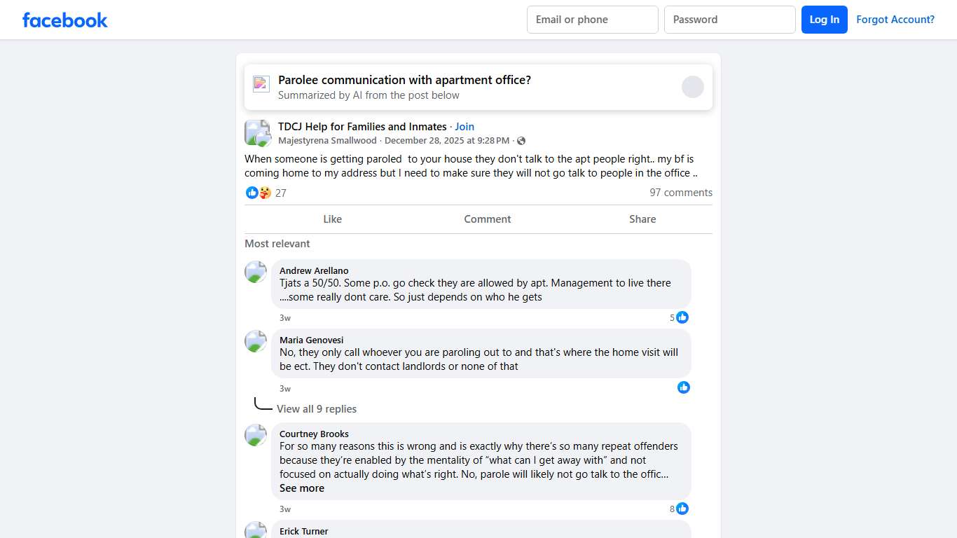 TDCJ Help for Families and Inmates | When someone is getting paroled to your house they don't talk to the apt people right. | Facebook
