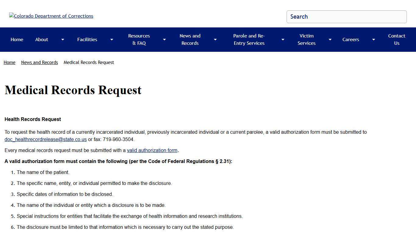 Medical Records Request | Colorado Department of Corrections